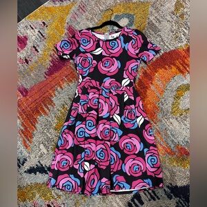 LuLaRoe Amelia Dress with Pink and Blue Roses Design